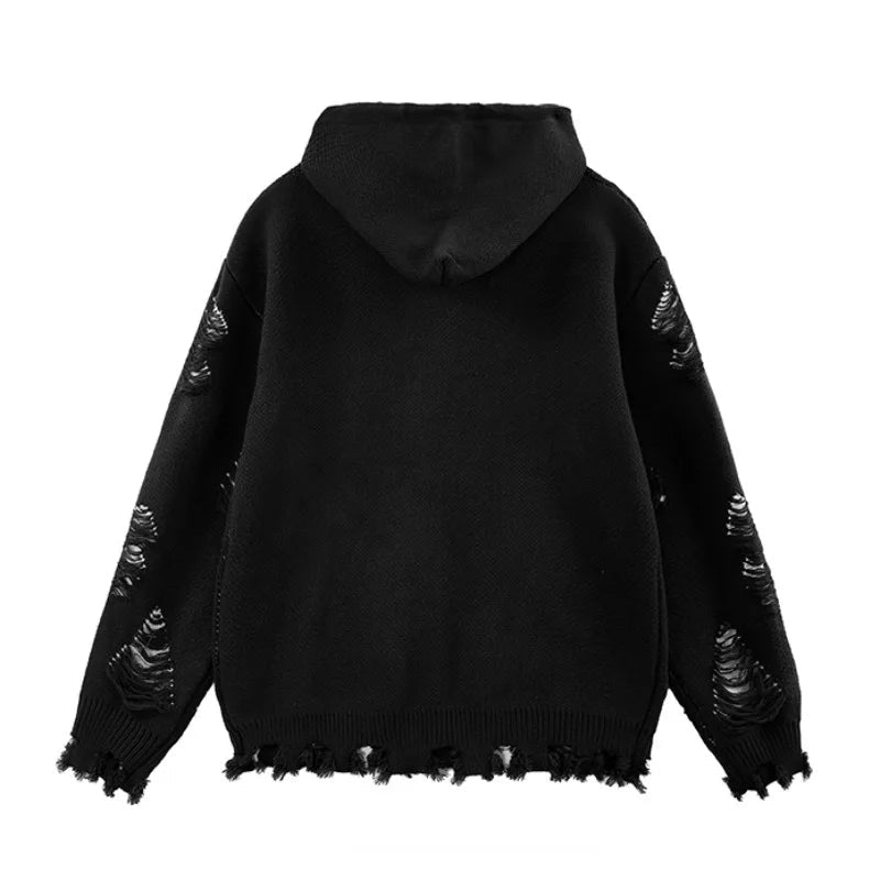 fashion ripped letter knitted hooded sweater unisex hoodies ripped bottom holes knit pullover streetwear loose sweaters clothing - anime inspired graphic hoodie, graphic printed hoodie for men and women, trendy hip hop fashion hoodie