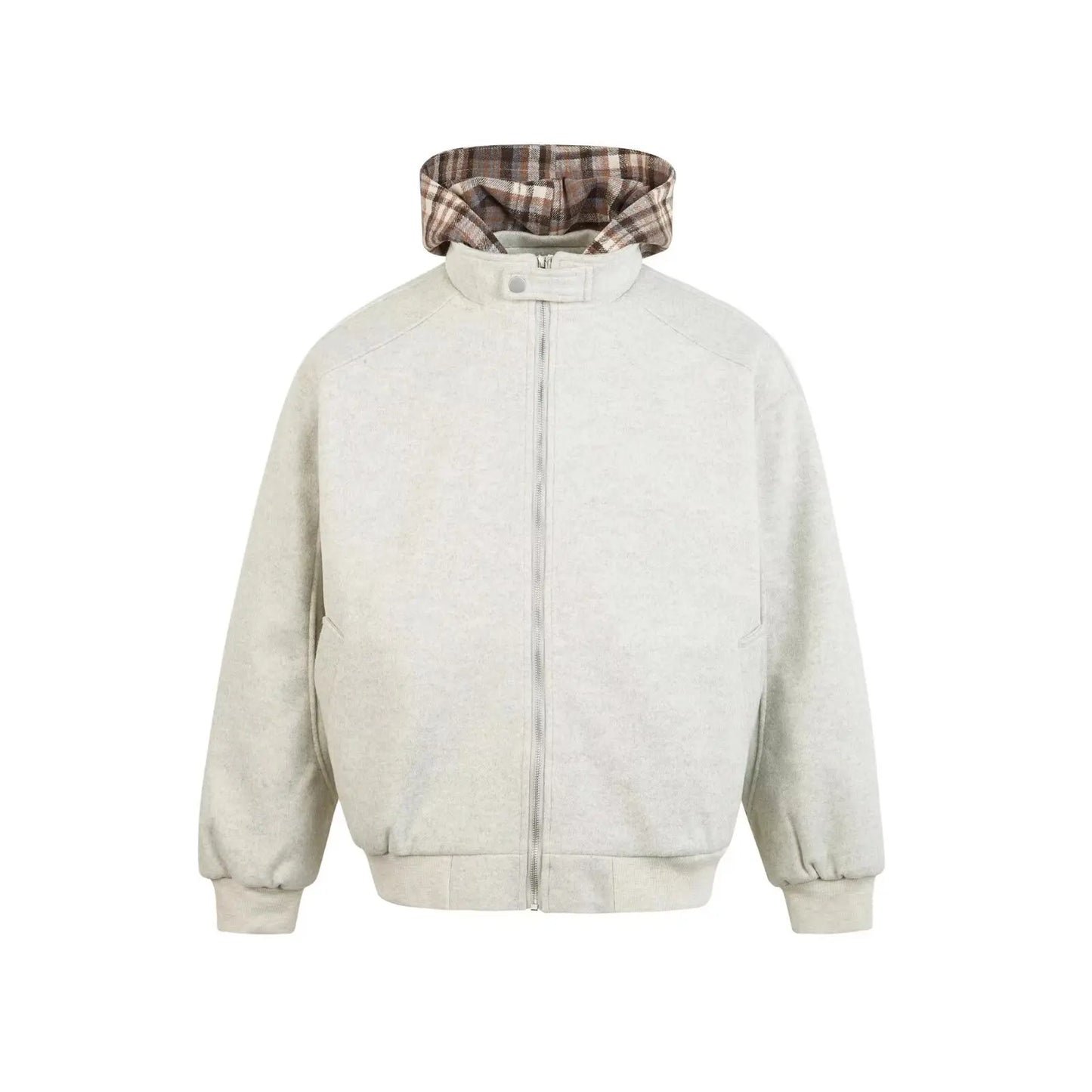 American Hoodie Mens Detachable Hat Grid Pattern Color Block Loose Fak