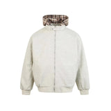 American Hoodie Mens Detachable Hat Grid Pattern Color Block Loose Fak