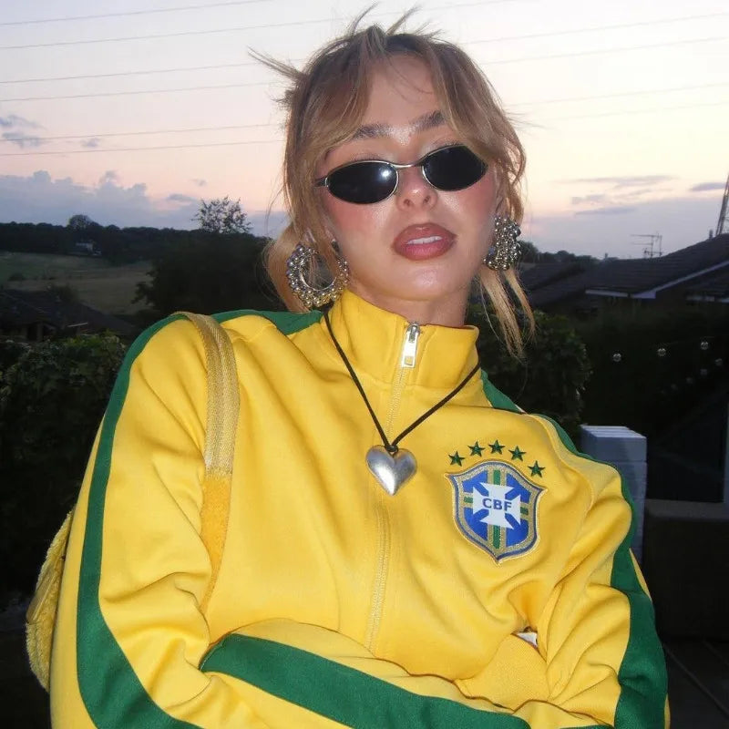 2000s Retro Grunge Gothic Jacket Coat Y2K Aesthetic Vintage Yellow Sweatshirts Letter Embroidery Graphic Pattern Zip Up Coat