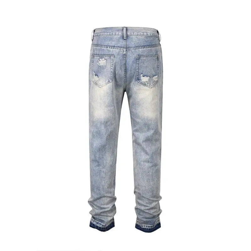 mens high street denim jean pants new casual blue slim ripped holes straight zipper jeans trousers hip hop streetwear joggers unique joggers style 764