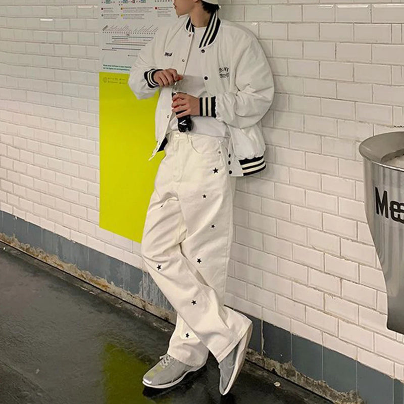 mens jeans stars embroidered cotton casual pants autumn streetwear fashion streetwear youth campus trousers mens clothing 2024 vintage washed jeans