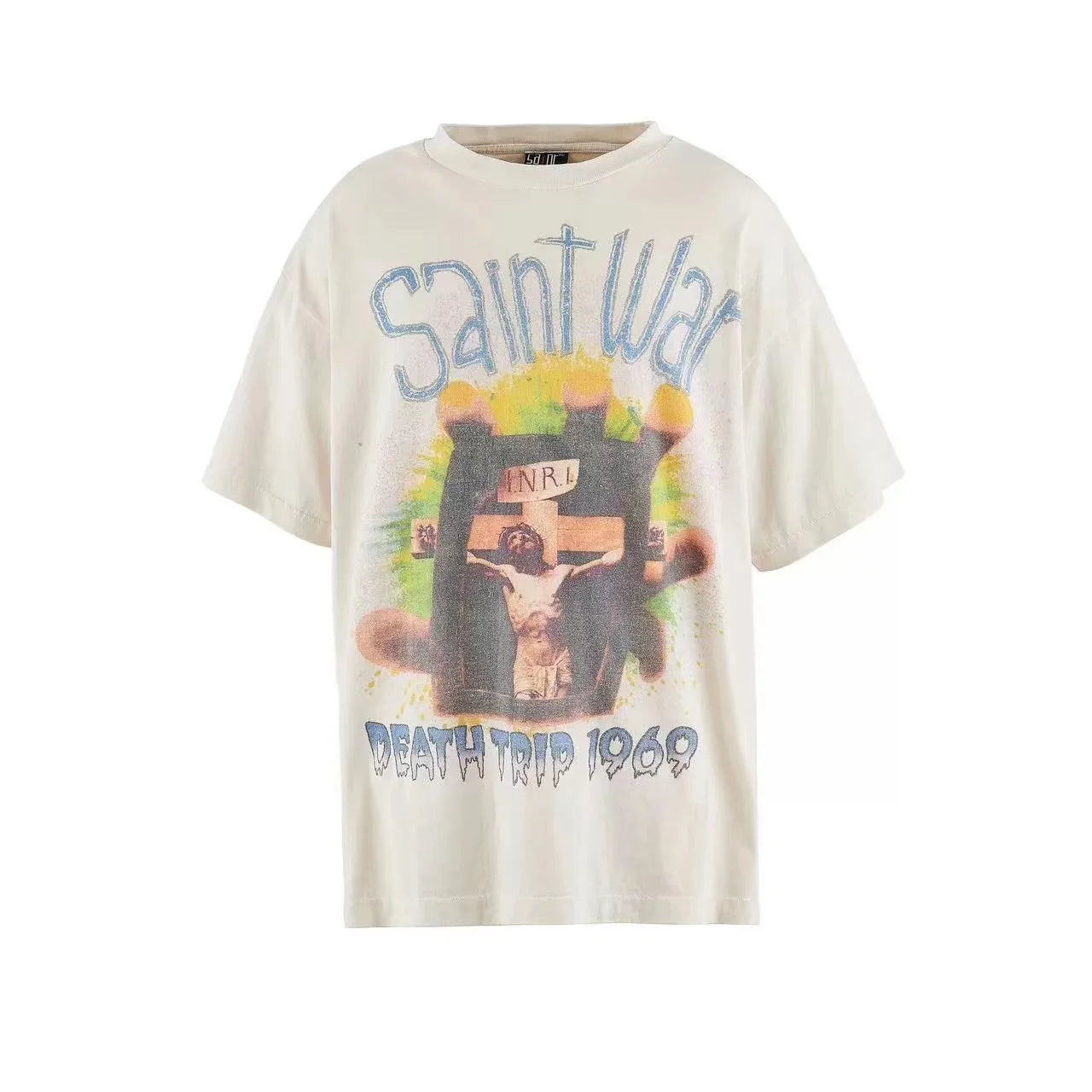 24SS New Vintage Retro Cross Printing Washed Distressed Short Sleeves T-Shirt Tops
