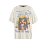24SS New Vintage Retro Cross Printing Washed Distressed Short Sleeves T-Shirt Tops