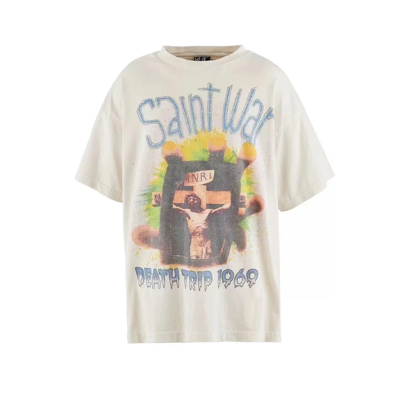24SS New Vintage Retro Cross Printing Washed Distressed Short Sleeves T-Shirt Tops