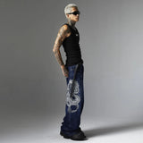 mens black baggy jeans dragon embroidered straight jeans streetwear hip hop loose trousers male luxury designer denim pants ripped baggy denim
