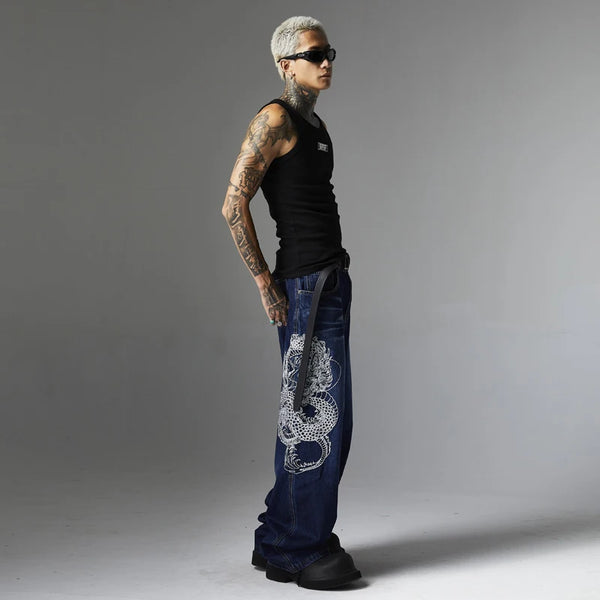 mens black baggy jeans dragon embroidered straight jeans streetwear hip hop loose trousers male luxury designer denim pants ripped baggy denim
