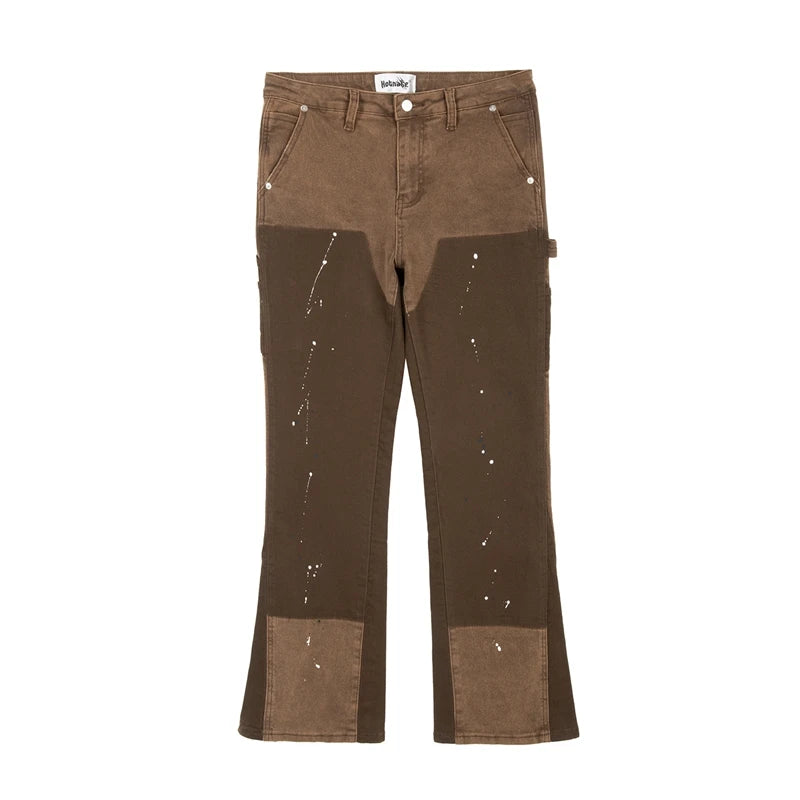 swag hip hop speckle ink flare jeans streetwear patchwork mens cargo jean pants washed logging trousers jeans male jeans overall unique cargo style 283
