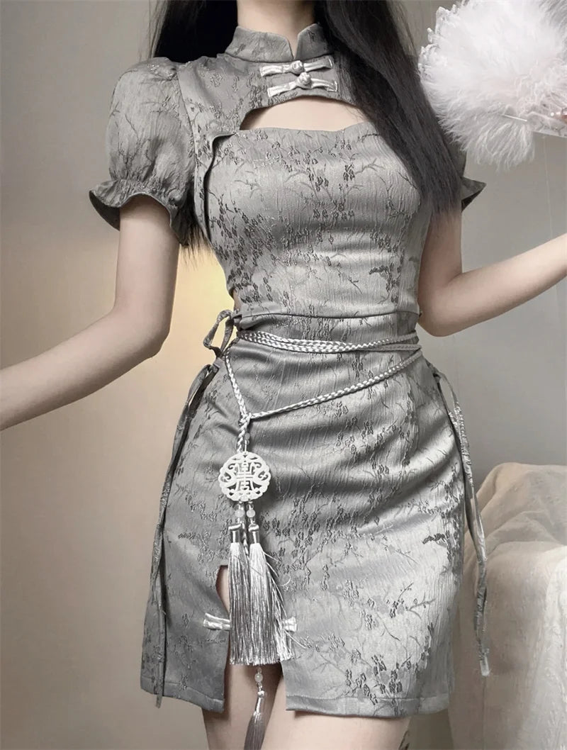 Vintage Chinese Style Cheongsam High Split Mini Dress 2024 Tie Dye Gothic Women Aesthetic Bandage Dresses Y2k Sexy Bodycon Robe