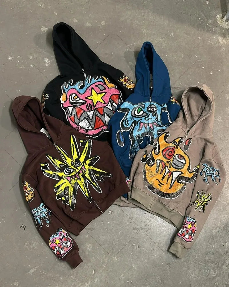 Street Fashion Brand Retro Zipper Hoodie Men Anime Graffiti Print Over