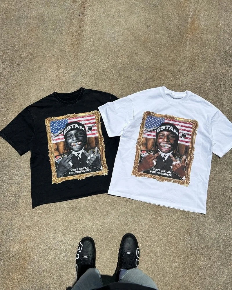 Harajuku Graphic tee – Retro Anime Portrait Print Fashion Short Sleeved Tops Men Y2