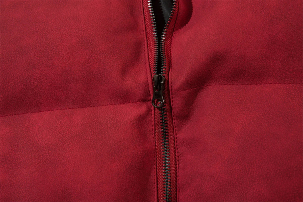 Men PU Leather Warm Jacket Winter Vintage Waterproof Parkas Embroidery Letter Thick Padded Coat Streetwear Hip Hop Loose Parka