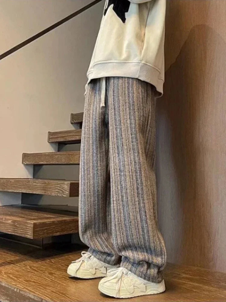autumn striped woolen straight leg pants for men classic y2k vintage baggy trousers new casual high street fashion sweatpants unique joggers style 291