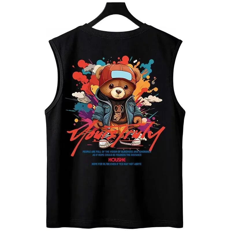 Vaporwave Angelcore design – New Hip Hop Fashion Graffiti Bear Print Tank Tops Mens Cloth