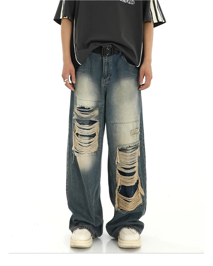 fashion ripped holes denim jeans harajuku patchwork straight jean trousers y2k trouser mens hip hop streetwear baggy jeans pants unique jeans style 4605