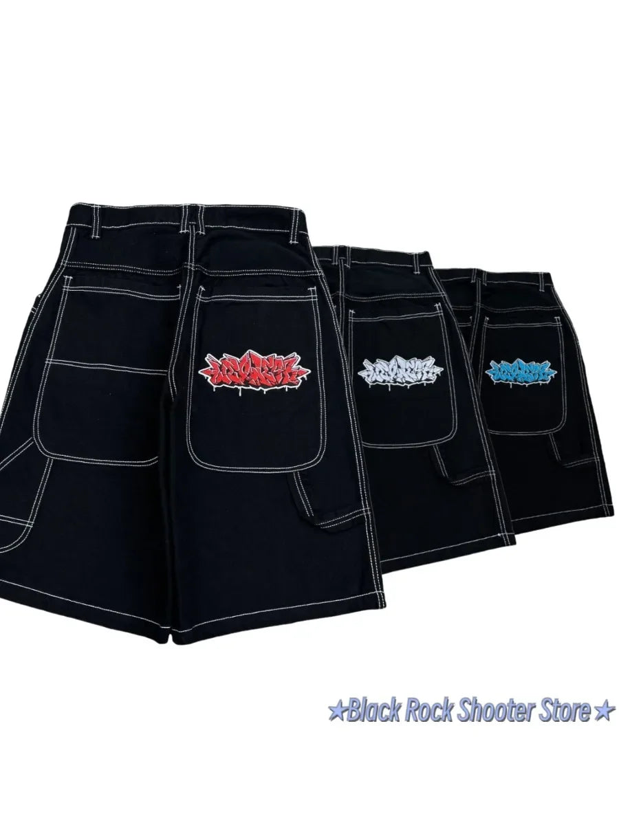 Hip Hop Wexwear Letter Embroidery Graphic Shorts Harajuku Streetwear Y2k Black Jeans Denim Baggy Gym Skate Shorts Men Clothing
