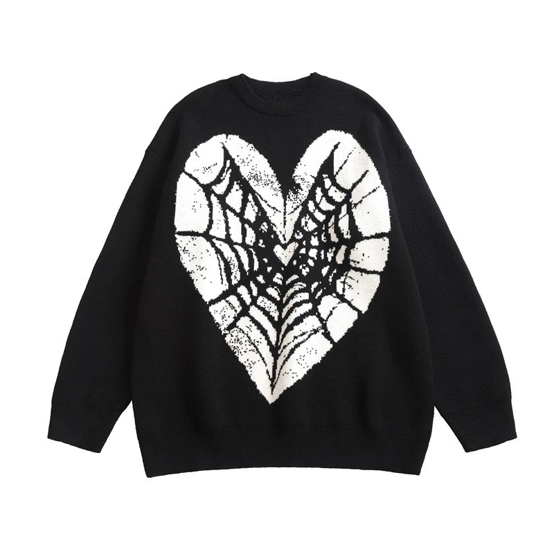 hip hop knitted sweater men winter o neck anime spider web pattern pullover streetwear casual loose sweater warm jumper knitwear - Y2K grunge street style, trendy hip hop fashion hoodie, bold artwork streetwear hoodie