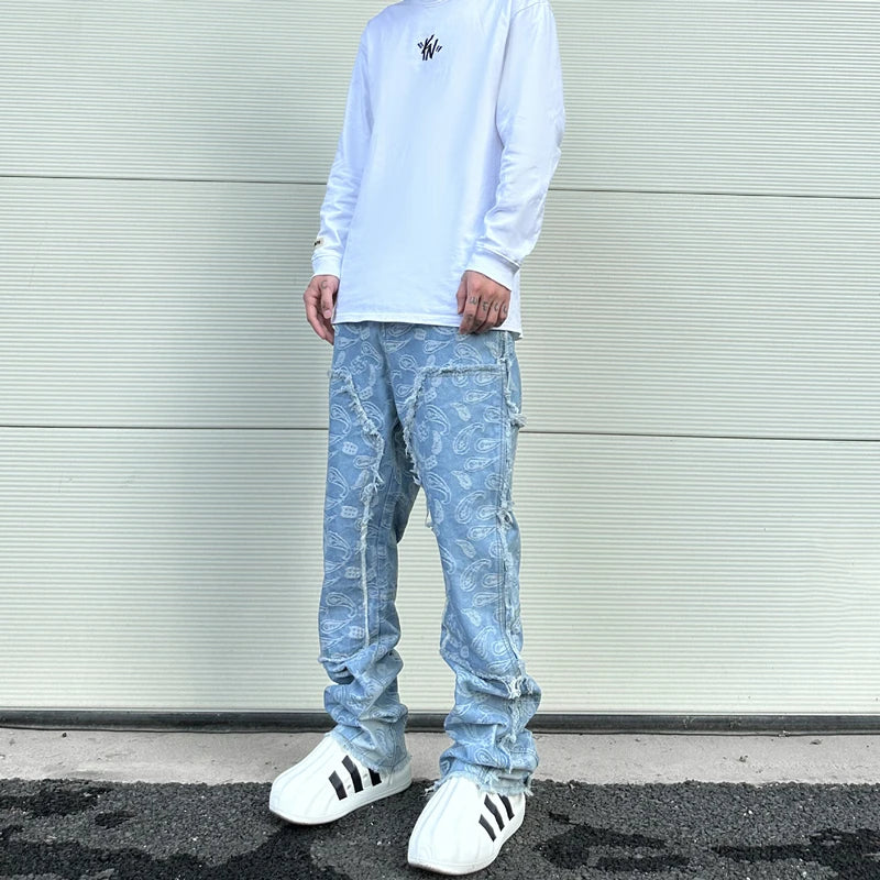 men distressed ripped patchwork paisley denim jean trouser fashion zipper biker jeans streetwear flare pants loose joggers jeans unique joggers style 5035