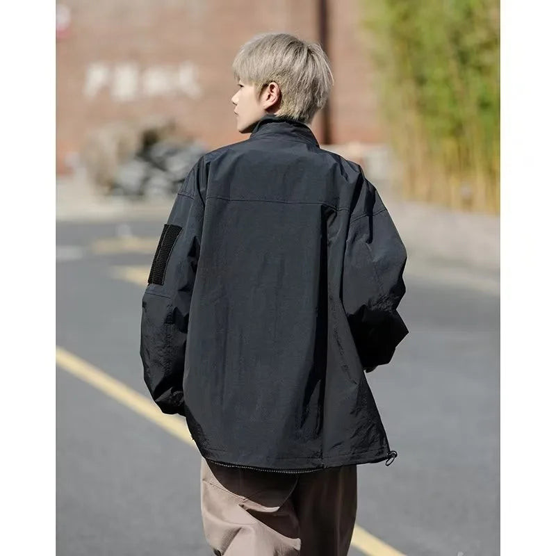 Outdoor Mens Charge Jacket Retro Loose Stand Collar Waterproof Tooling