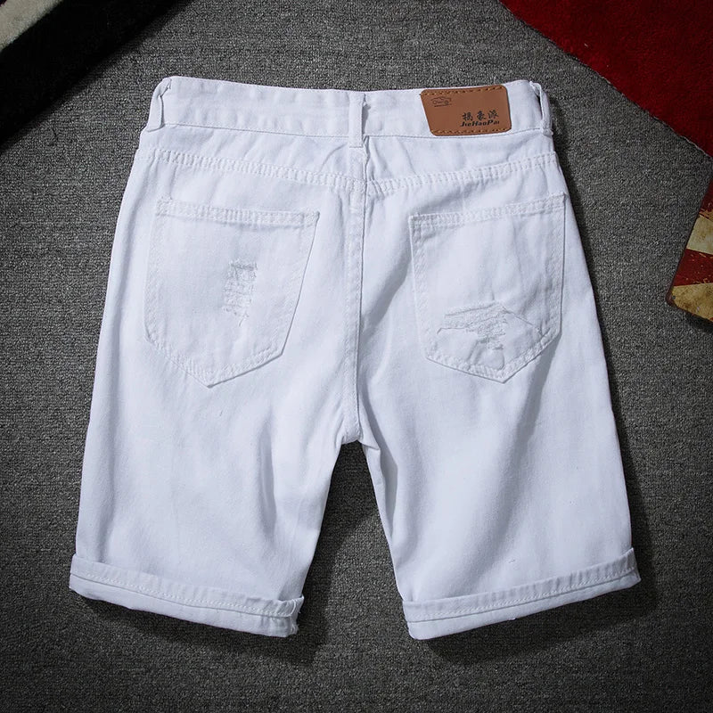 men white denim shorts new summer men holes casual shorts jeans men cotton solid slim fit shorts pants knee length pants ripped baggy denim