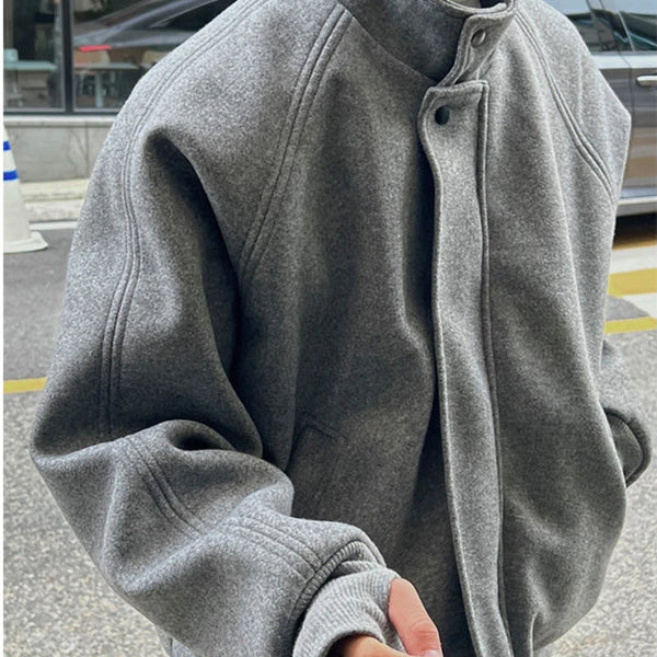 Autumn and Winter Korean Grey Stand Up Collar Jacket for Men's Trendy Ins Loose and Versatile Design Y2K Zipper Short Coat