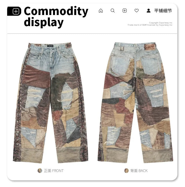 2024 autumn and winter new stitching ripped jeans