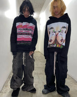 Y2K American Street Fashion Anime Letter Graffiti Print Oversized Hood