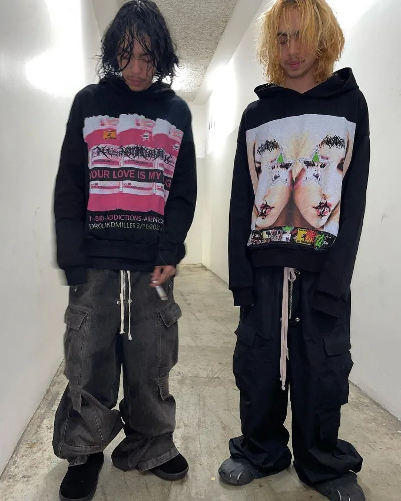 Y2K American Street Fashion Anime Letter Graffiti Print Oversized Hood
