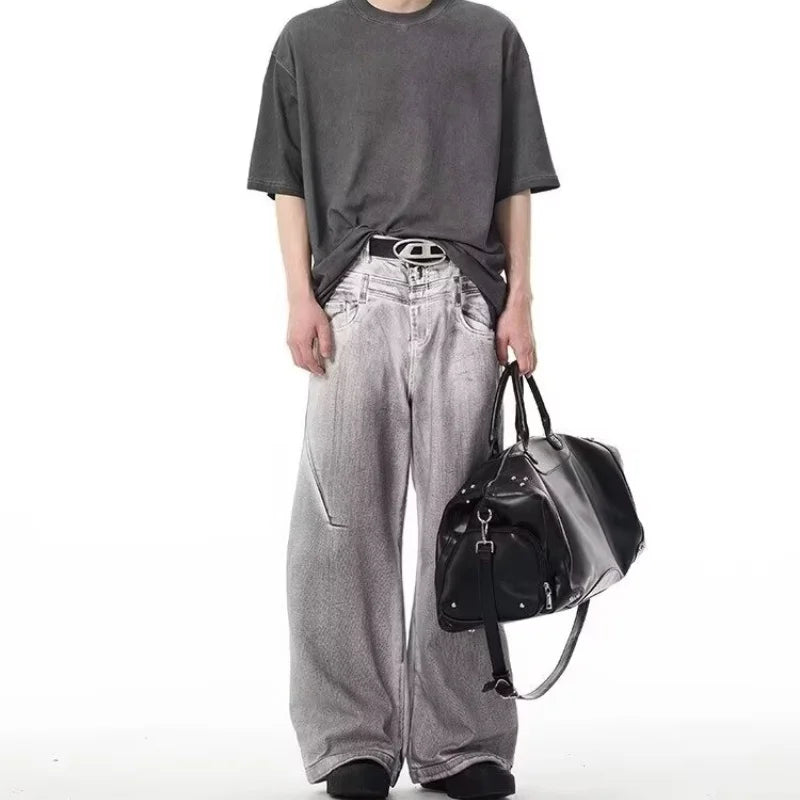 street mens jeans hip hop double waist head gradient smudging trend denim pants y2k 2024 new streetwear american cowboy trousers unique jeans style 461