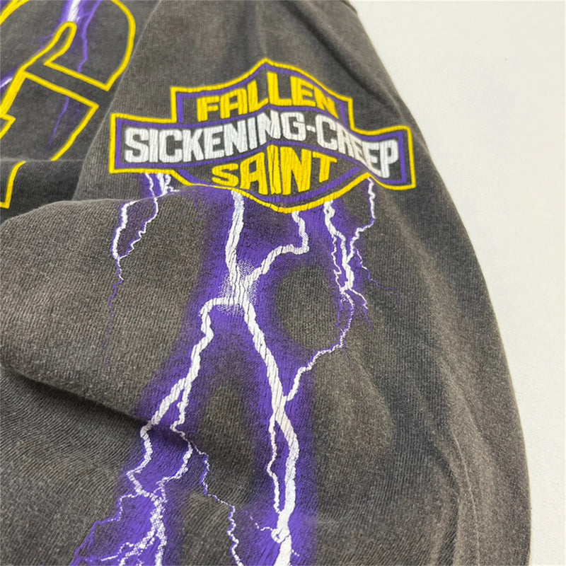 2024 Summer Retro Vintage EVILSPIRIT Thunder Print Washed Old High-Street Cotton Loose Long Sleeve T-Shirt Pullover  For Men