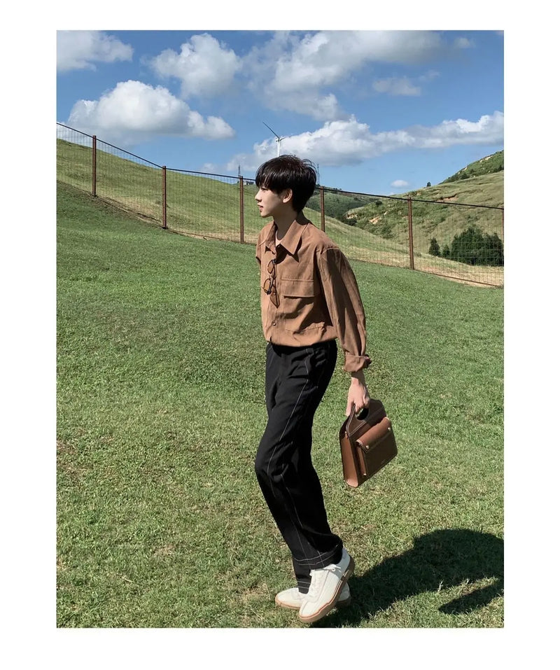 Spring And Autumn New Korean Style Shirt Men Suede Loose Trendy And Ve