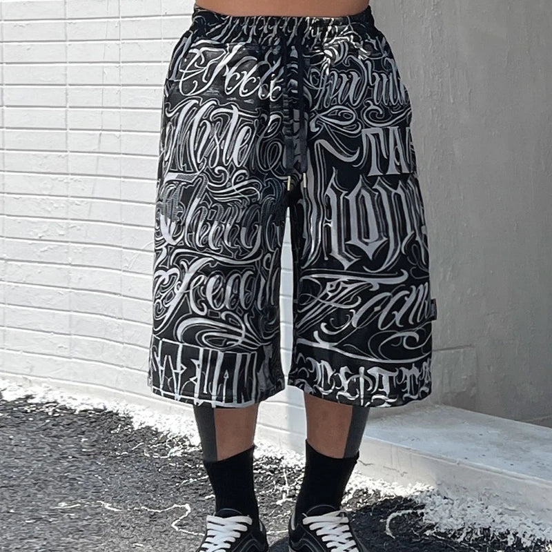 streetwear west coast full print floral over knee shorts for men summer patchwork wide leg baggy five points pants oversized unique shorts style 3606