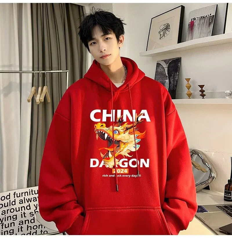 2024 New China Dragon Graphic Hoodies Men Hip Hop Streetwear Hoodie