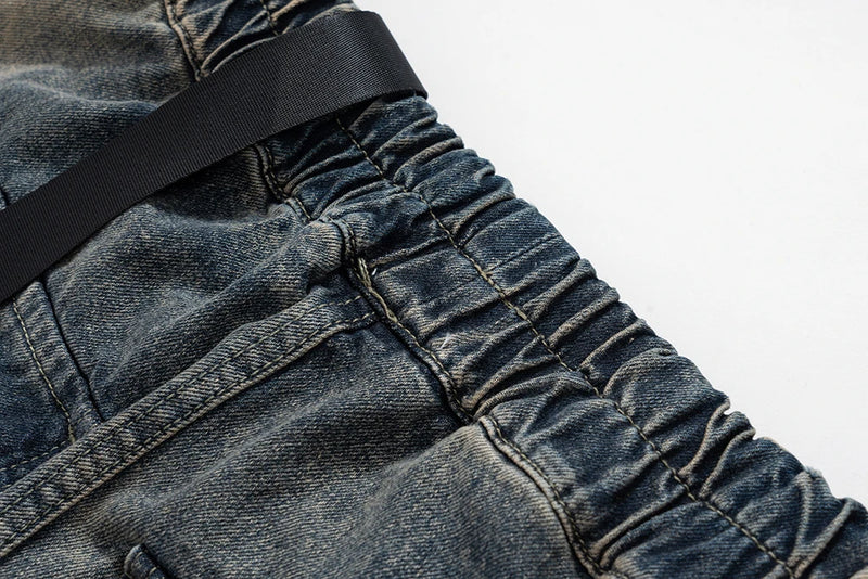 RO Style Gradient Ribbons Multi-pockets Drawstring Jeans for Men Harajuku Streetwear Baggy Y2K Denim Trousers Oversized Cargos