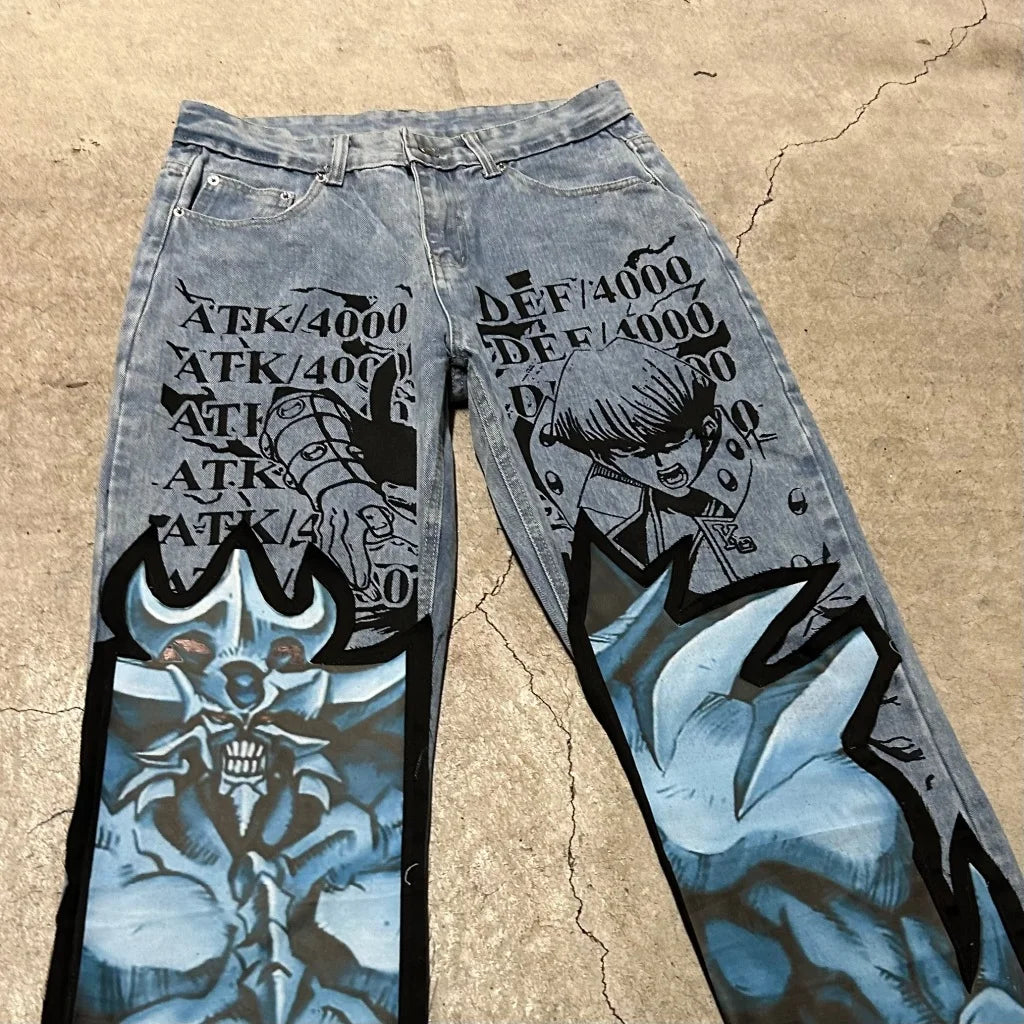 harajuku many ghost faces print y2k men s jeans popular anime baggy jeans wide leg pants streetwear trouser men clothing unique jeans style 5769