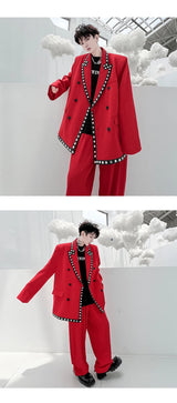 men streetwear fashion loose casual rivet hip hop party dress 2 piece suits blazers jacket pant sets stage clothing costume unique default style 1544