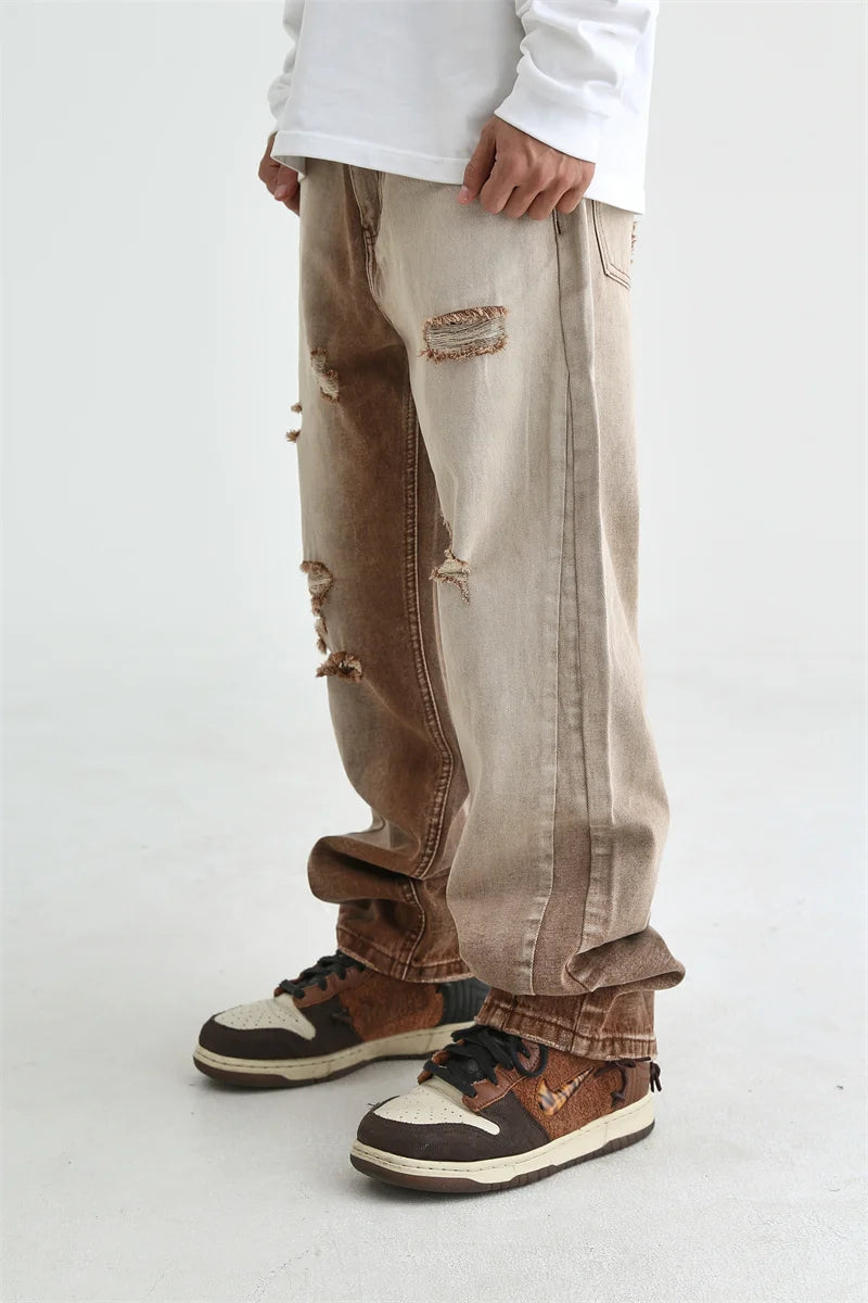 fashion denim jeans mens destoryed holes zipper straight jeans hip hop streetwear spring summer casual joggers jeans men pants unique joggers style 4156