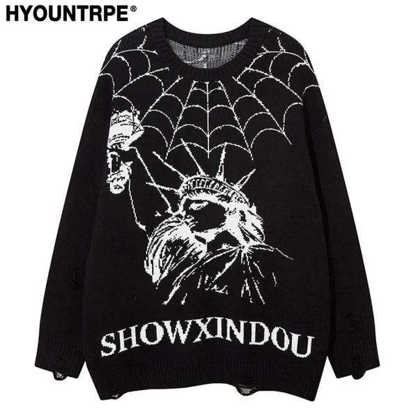 hip hop knitted sweater mens winter o neck harajuku pattern pullover streetwear casual loose pullover sweaters jumper knitwear Y2K vintage urban hoodie, high quality cotton pullover, streetwear fashion hoodie