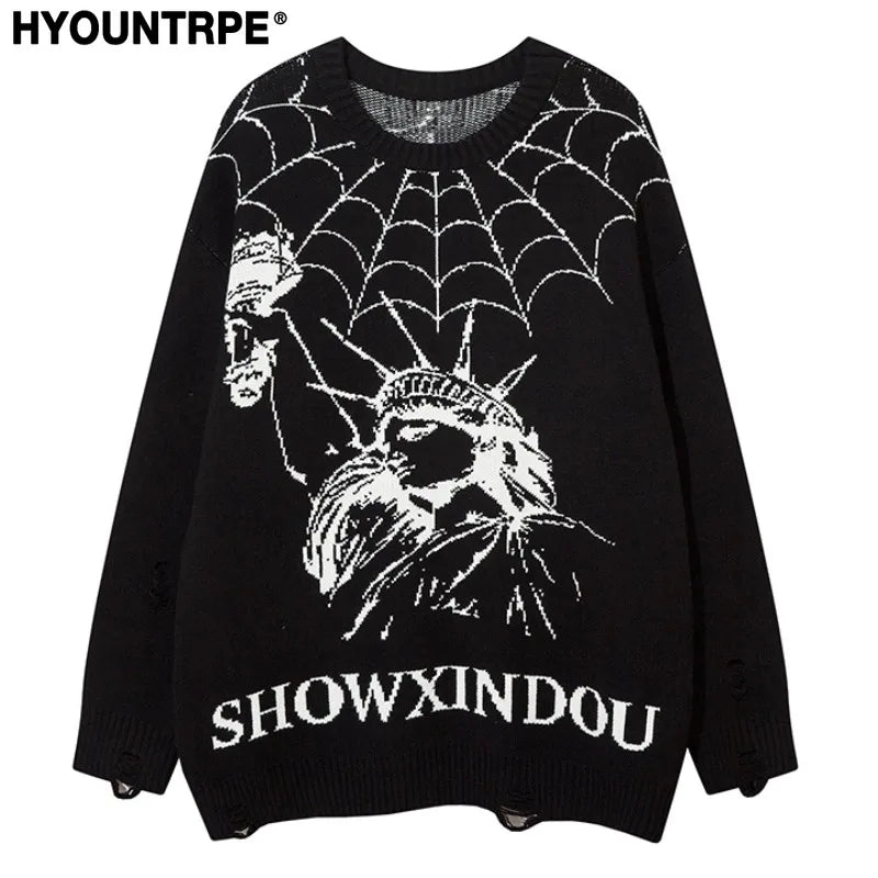 hip hop knitted sweater mens winter o neck harajuku pattern pullover streetwear casual loose pullover sweaters jumper knitwear Y2K vintage urban hoodie, high quality cotton pullover, streetwear fashion hoodie
