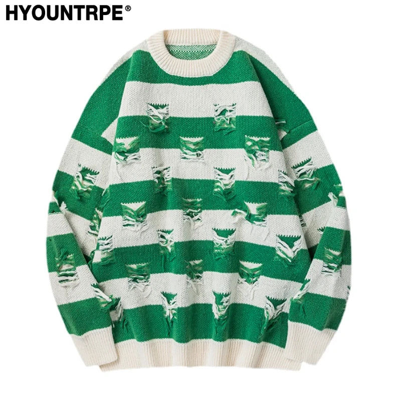 hip hop destroyed ripped holes knitted sweater mens casual striped pullover sweater unisex harajuku streetwear new autumn jumper - vintage look oversized hoodie, bold artwork streetwear hoodie, gothic aesthetic hoodie for winter