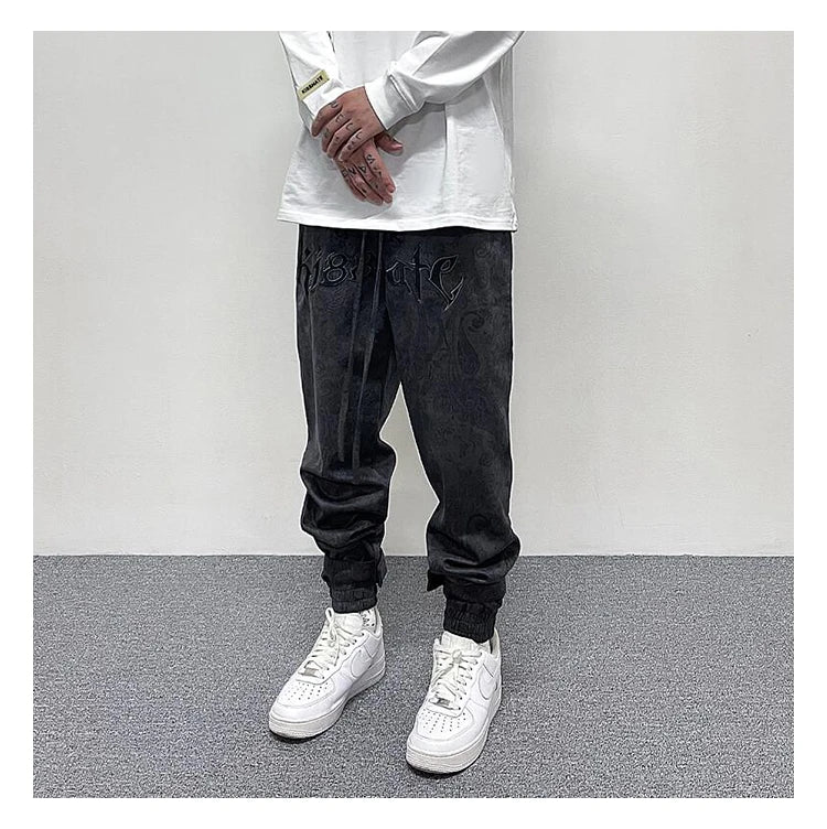 hip hop loose fit elastic waist pants fashion paisy ankle pants mens casual letter embroidery drewstring sportwear pants joggers unique joggers style 3524