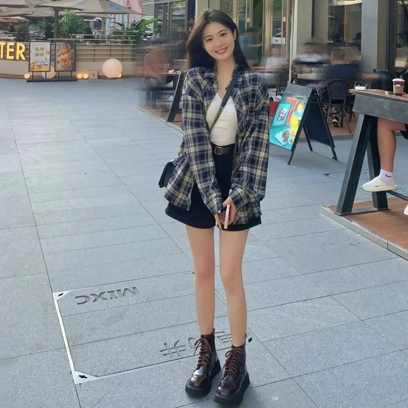 Power Wear Plaid Shirts Women Idle Sle Retro Cardigan Shirt Outerwear Long sleeve Top Spring and Autumn New women shirt blouses