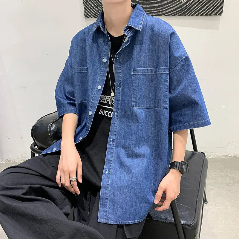 American summer thin denim shirt for men and women loose fit hip-hop short sleeved retro personality casual street top harajuku