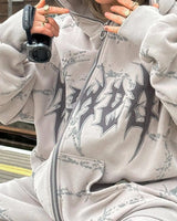 2024 European and American style loose men's zipper sweatshirt trend ins retro printed long-sleeved hooded jacket top