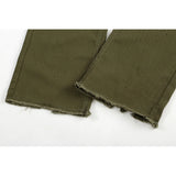 military green cargo jeans pants thin streetwear skinny micro horn ripped jeans hip hop raw edge speckle ink washed slim jeans unique cargo style 3524