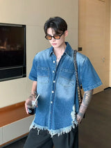 fashion high street mens set 2024 multi pocket short sleeved denim shirt casual straight leg pants 2 pcs set summer suit unisex unique jeans style 4496