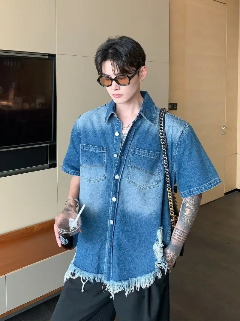 fashion high street mens set 2024 multi pocket short sleeved denim shirt casual straight leg pants 2 pcs set summer suit unisex unique jeans style 4496