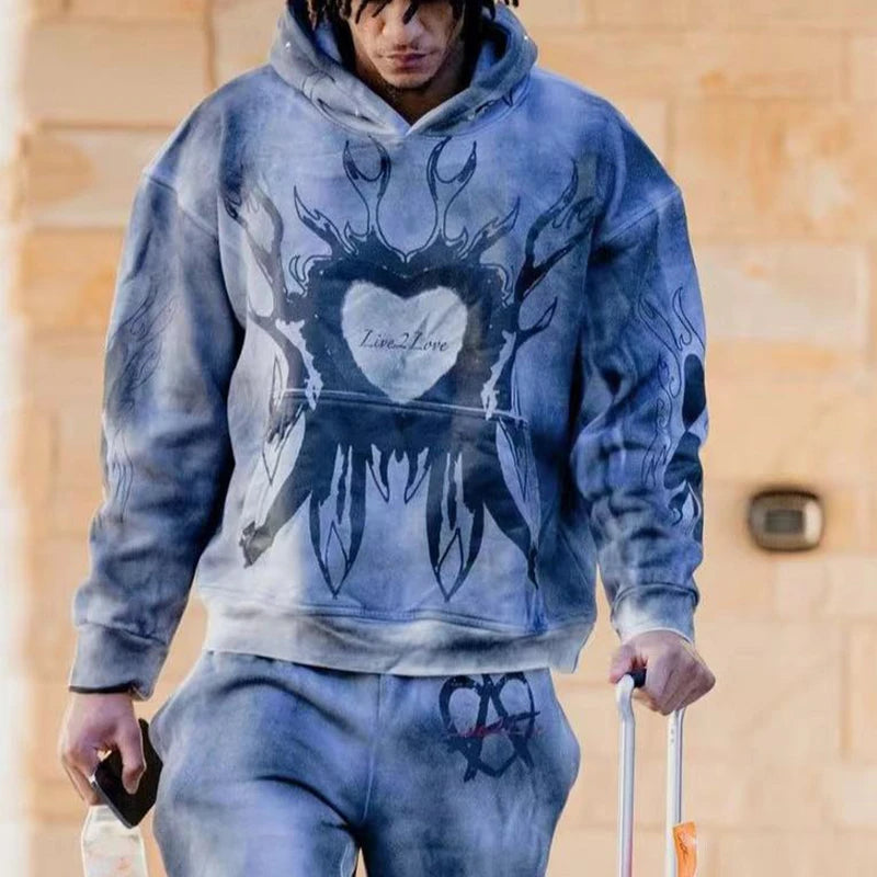 Retro Tie Dyed Love Printed Fleece Pullover Hooded Hoodies For Men And
