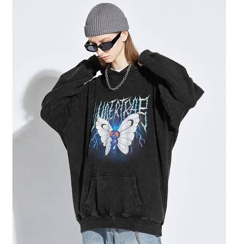 2023 Men Hip Hop Hoodie Sweatshirt Lightning Butterfly Streetwear Hoodie Retro Vintage Washed Black Hooded Pullover Harajuku
