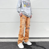 american high street washed torn jean mens y2k baggy ripped jeans cat whisker patch straight tube casual pants jeans hip hop unique jeans style 799